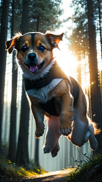 I ride a motorcycle.close up photo of a very cute jumping puppy in the forest, soft volumetric lights, (backlit:1.3), (cinematic:1.2), intricate details, (ArtStation:1.3), Rutkowski、Basketball player cosplay