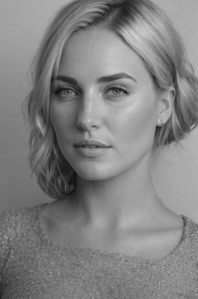 25 year old girl, (Kaley Cuoco:0.8), (Camilla Belle:0.9), (eugenie bouchard), beautiful girl, black and white photography, hard contrast, hard shadows,smirk, cute makeup, shirt dress,