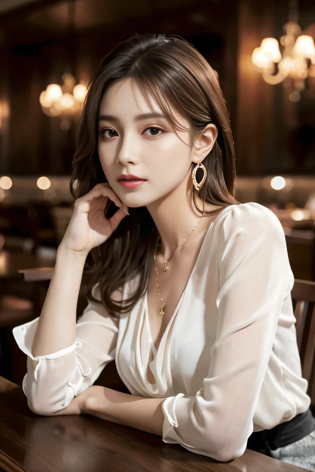 masterpiece, highest quality, Realistic, Very detailed, Finer details, High resolution, 8k wallpaper, One beautiful woman, Wear an elegant see-through blouse, In a great restaurant, At night, Light brown messy hair, Perfect dynamic composition, Beautiful and beautiful eyes、Big earrings、Sitting in a chair、