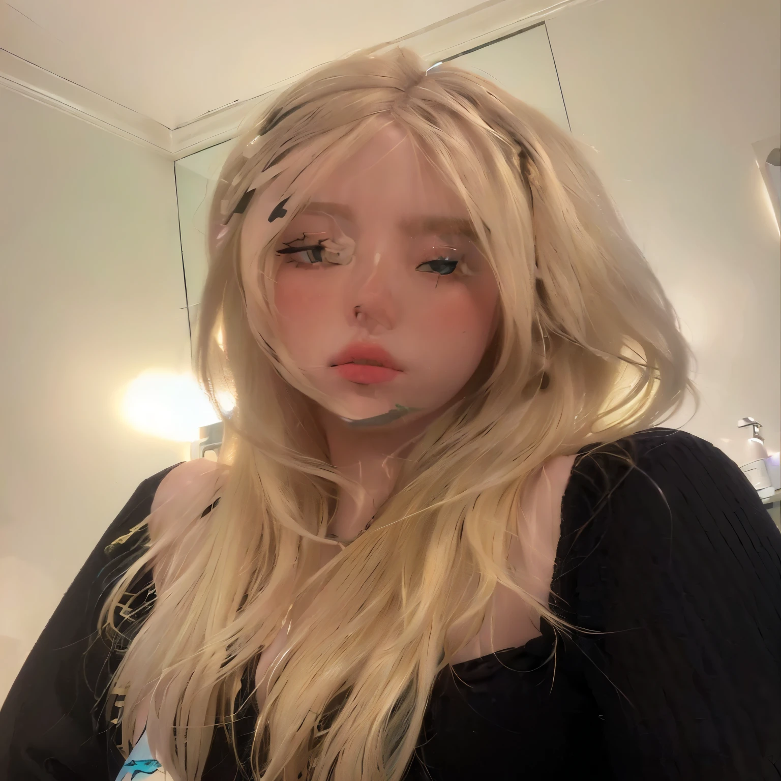 blonde woman with long hair and black top in bathroom, sydney sweeney, portrait of kim petras, a gorgeous blonde, a girl with blonde hair, with long blond hair, angelawhite, long blonde hair and large eyes, blonde goddess, long white hair and bangs, blonde and attractive features, beautiful blonde girl, she has blond hair, ava max