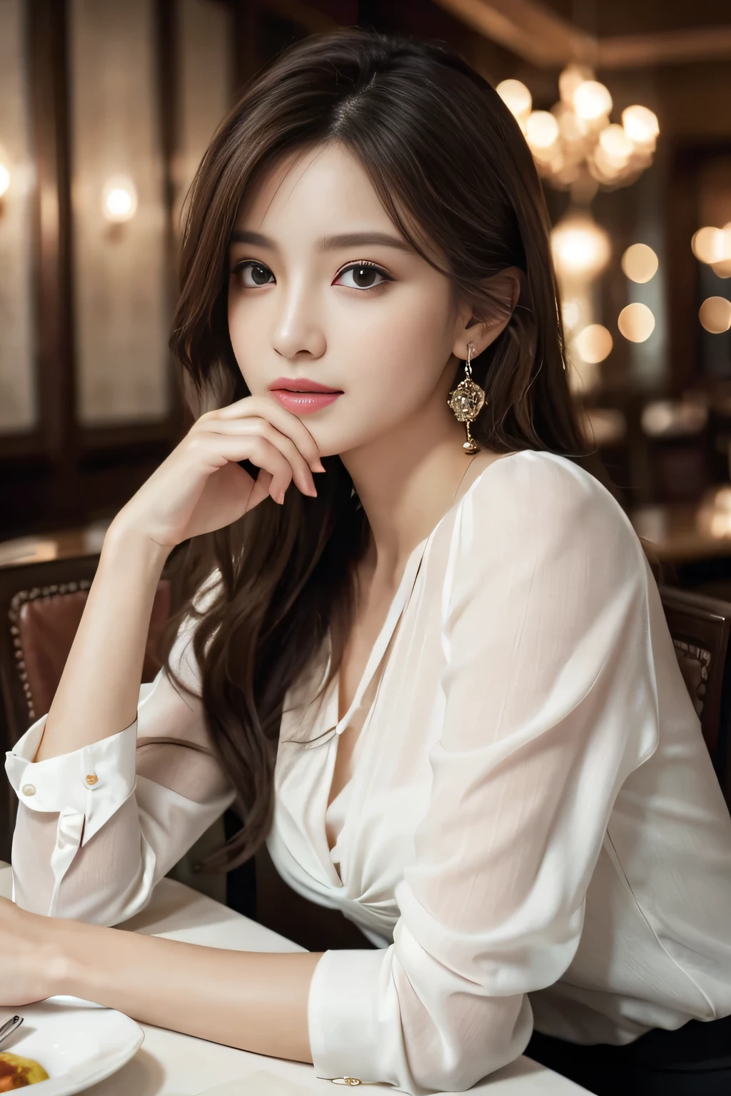 masterpiece, highest quality, Realistic, Very detailed, Finer details, High resolution, 8k wallpaper, One beautiful woman, Wear an elegant see-through blouse, In a great restaurant, At night, Light brown messy hair, Perfect dynamic composition, Beautiful and beautiful eyes、Big earrings、Sitting in a chair、