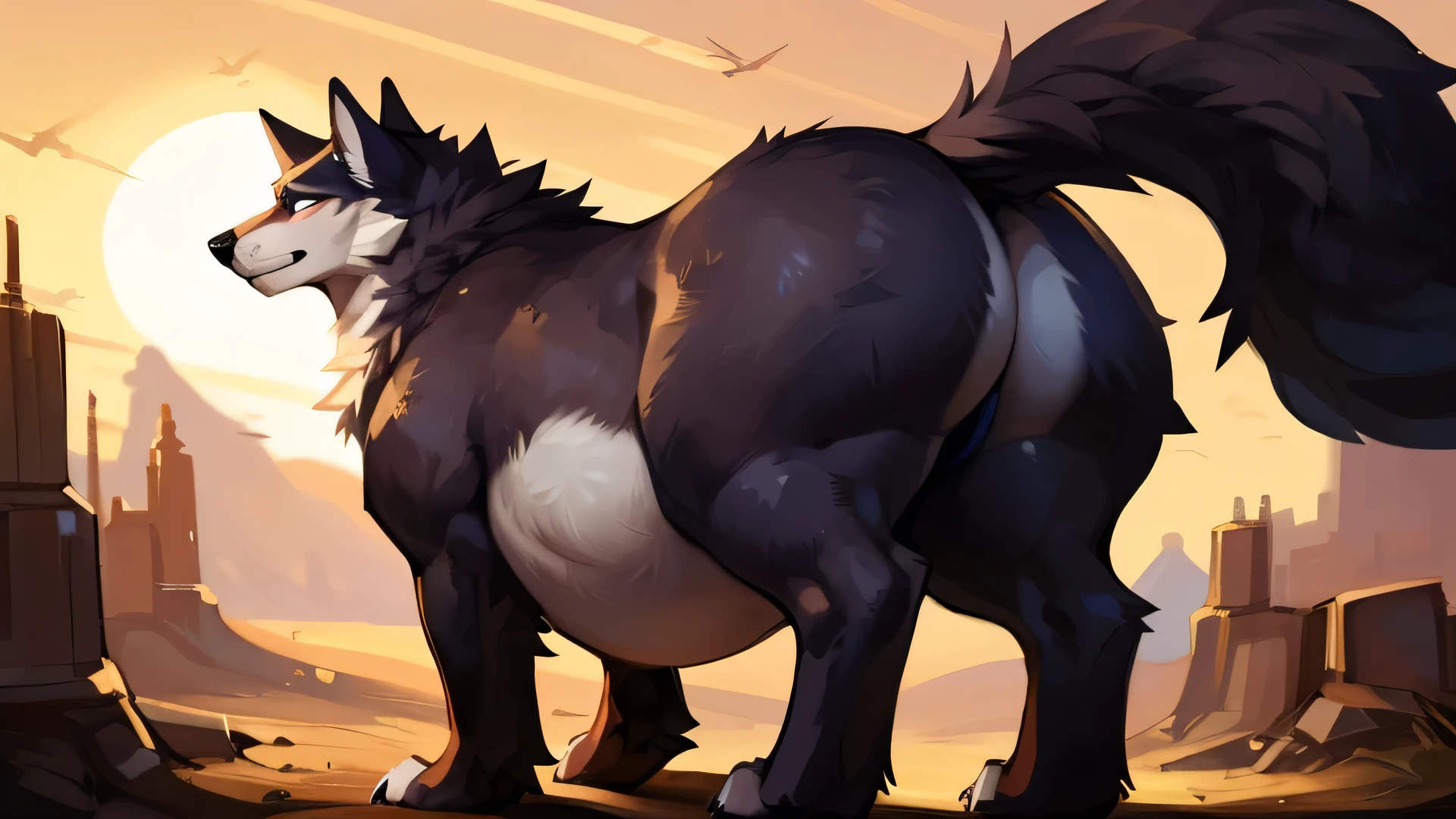 (Duo), (2 characters), (two characters), 4k ultra quality, 4k full body view,(ultra high detailed body), ((anthropomorphic wolf riding a strong feral wolf mount)), detailed body,by mystikfox61, by glitter trap boy,feral paws, by bebebebebe,by morethreedee, by seibear,(thick thigh),(chubby thigh),(thicc thigh),(thick legs),(chubby legs),(thicc legs),(massive feral butt),(enormous thigh),(massive thigh),(massive legs),(strong legs),thick lower legs,wide legs,(detailed thigh),(wide thigh),fluffy belly,furry belly,sharp nails,(ultra detailed face),detailed eyes,big tail,fluffy tail,(detailed tail),enormous tail,bigger tail,huge tail,volumetric light,big lower belly,big paws,(thick paws),fluffy paws,furry paws,enormous paws,animal focus, beast,standing,(bigger lower body),strong lower body,macro,giga,master works, super fine, 4k resolution, high quality, movie lighting, high picture detail,dark fantasy,beast creature,illusory engine, Masterpiece,(shiny fur),ultra big belly,enormous belly, (hyper belly), massive butt, hyper butt, muscle legs,long legs,wide awaits,round belly,back view, (size difference), (riding), (back riding), (riding mount), (mount riding:1.1), (riding a (bloated_feral_mount))