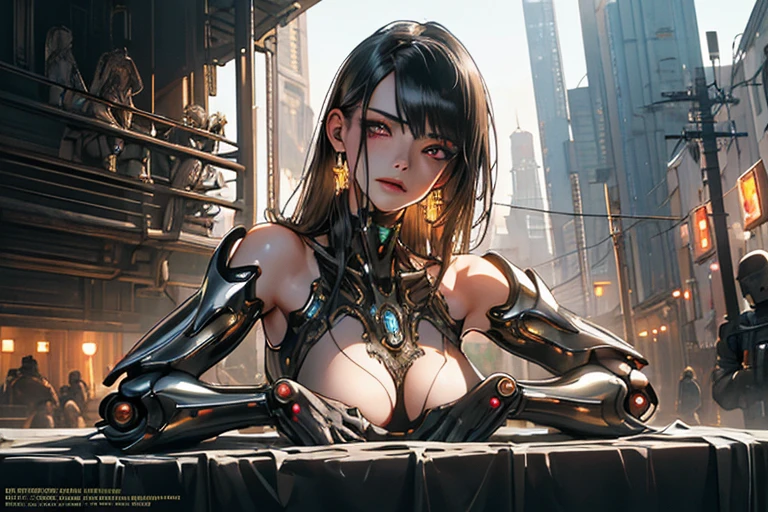 Top Quality, Masterpiece, Ultra High Resolution, ((Photorealistic: 1.4), Raw Photo, 1 cyberpunk Girl, Glossy Skin, 1 Mechanical Girl, (Ultra Realistic Details)), mechanical limbs, tubes connected to the mechanical parts, mechanical vertebrae attached to the spine, mechanical cervical attachment to the neck, wires and cables connecting to the head, Evangelion, Ghost in the Shell, small glowing LED lamps, global lighting, deep shadows, Octane Rendering, 8K, Ultra Sharp, Metal, Intricate Ornament Details, baroque details, Very intricate details, realistic light, CGSoation trend, facing the camera, neon details, (android manufactory in background), art by H.R. Giger and Alphonse Mucha.