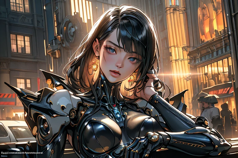 Top Quality, Masterpiece, Ultra High Resolution, ((Photorealistic: 1.4), Raw Photo, 1 cyberpunk Girl, Glossy Skin, 1 Mechanical Girl, (Ultra Realistic Details)), mechanical limbs, tubes connected to the mechanical parts, mechanical vertebrae attached to the spine, mechanical cervical attachment to the neck, wires and cables connecting to the head, Evangelion, Ghost in the Shell, small glowing LED lamps, global lighting, deep shadows, Octane Rendering, 8K, Ultra Sharp, Metal, Intricate Ornament Details, baroque details, Very intricate details, realistic light, CGSoation trend, facing the camera, neon details, (android manufactory in background), art by H.R. Giger and Alphonse Mucha.