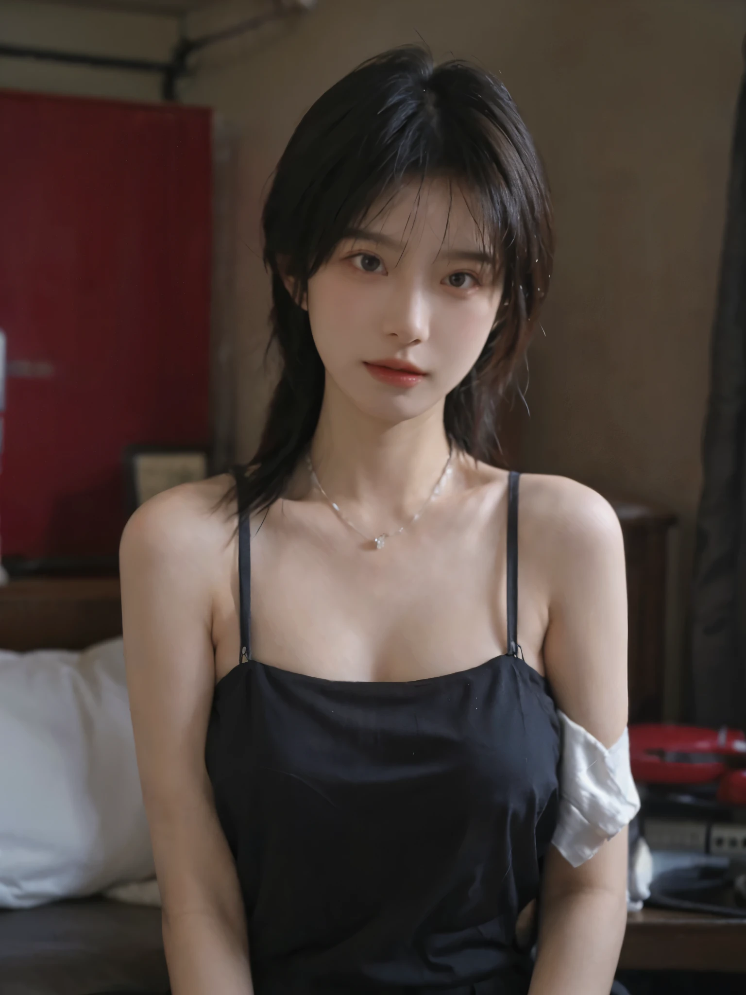 Film portrait photography, 2 girls, Bare shoulders,Lipstick,(flat chest:1.4), Wear a necklace,Cute expression,Exquisite makeup,Red suspenders,serene, calm, (Realistic and detailed eyes, Natural skin texture, Realistic facial details), Big breasts:1.6,Big Breasts,Soft dramatic lighting, Depth of Field, Bokeh, Vibrant details, Detailed and detailed, Surreal, 35mm film, hazy, ,