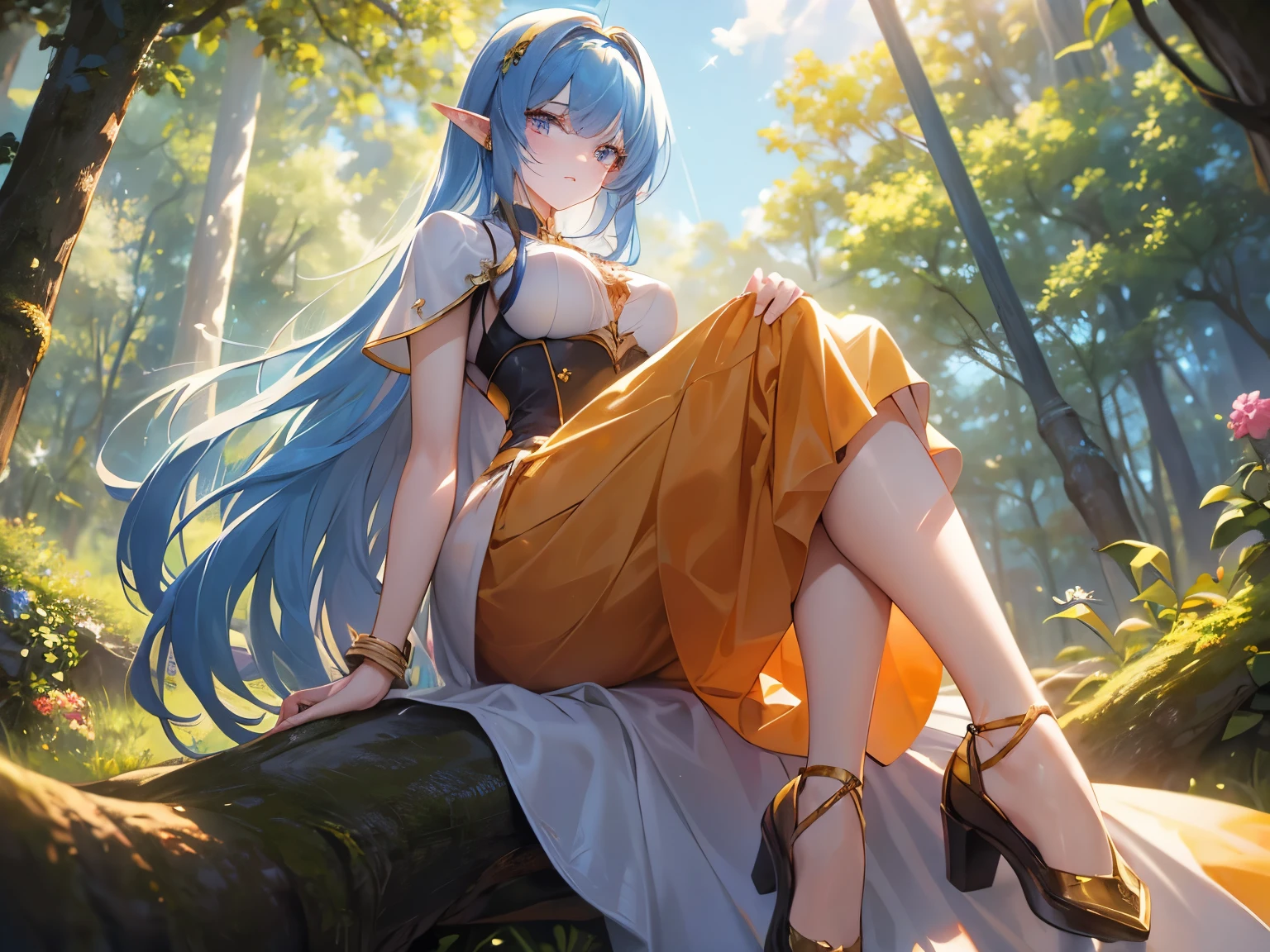 ((blue hair)), long hair, very long hair, jewelry, purple hairband, long pointy ears, anime, ((masterpiece)), (textured skin), (super detail), award winning, (best quality), elf, fantasy novel, in forest, Sunbeams filtering through the trees, (orange dress, long skirt), whole body, beautiful legs, sitting on the branch of a large tree, from below, sparkle