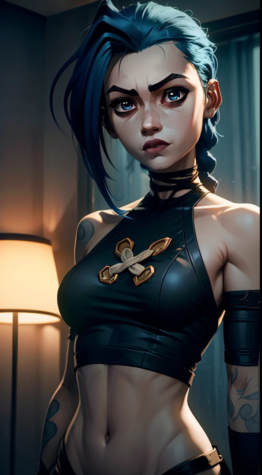 estilo arcano, fantasy city, la noche, Pupilas rosadas ardientes, se encuentra en toda su altura (Cuerpo completamente 1.1.), Fingers clenched into a fist, Gesto del dedo medio, explosiones, El flash, 1 chica, tatuaje on arm, asymmetrical bangs, copete, pelo azul, trenza, brown shirt, Nube de tatuajes, mira al espectador, el Sombrerero Loco, mirada trastornada, la noche, La ciudad, pelo verde, cabello largo, en tu estomago, ojos rosados, labios rojos, camisa, solo, de pie, tatuaje, twin trenzas, parte superior del cuerpo, Lasso against the Mal de ojo, Mal de ojo \(League of Legends\), Fondo de pantalla CG unity 8k extremadamente detallado, Luz detallada, cinematographic lighting, chromatic aberration, reluciente, inexpresivo, epic composition, oscuro en el fondo, Cherecter Design, Muy detallado, cuerpo detallado, Vibrante, cara detallada, Sharp focus, arte animado, Vibrante, cara detallada, Detalles de Hugh, Sharp focus, very droopy face, Un ojo detallado, super fine illustration, mejor sombra, finamente detalle, Hermoso detallado glow, Hermoso detallado, extremadamente detallado, inexpresivo, epic composition, Presentado en artstation, renderizado de octanaje, art station hd, cinematographic, 4 mil., hipermaximalista, elegante