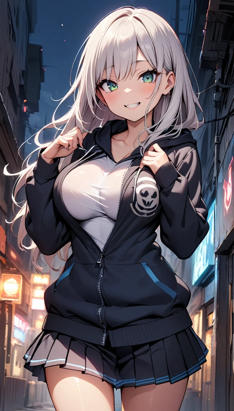 One Girl, alone, Big eyes, Wicked Smile,hoodie, Pleated skirt, JK,Attractive breasts、Waistline