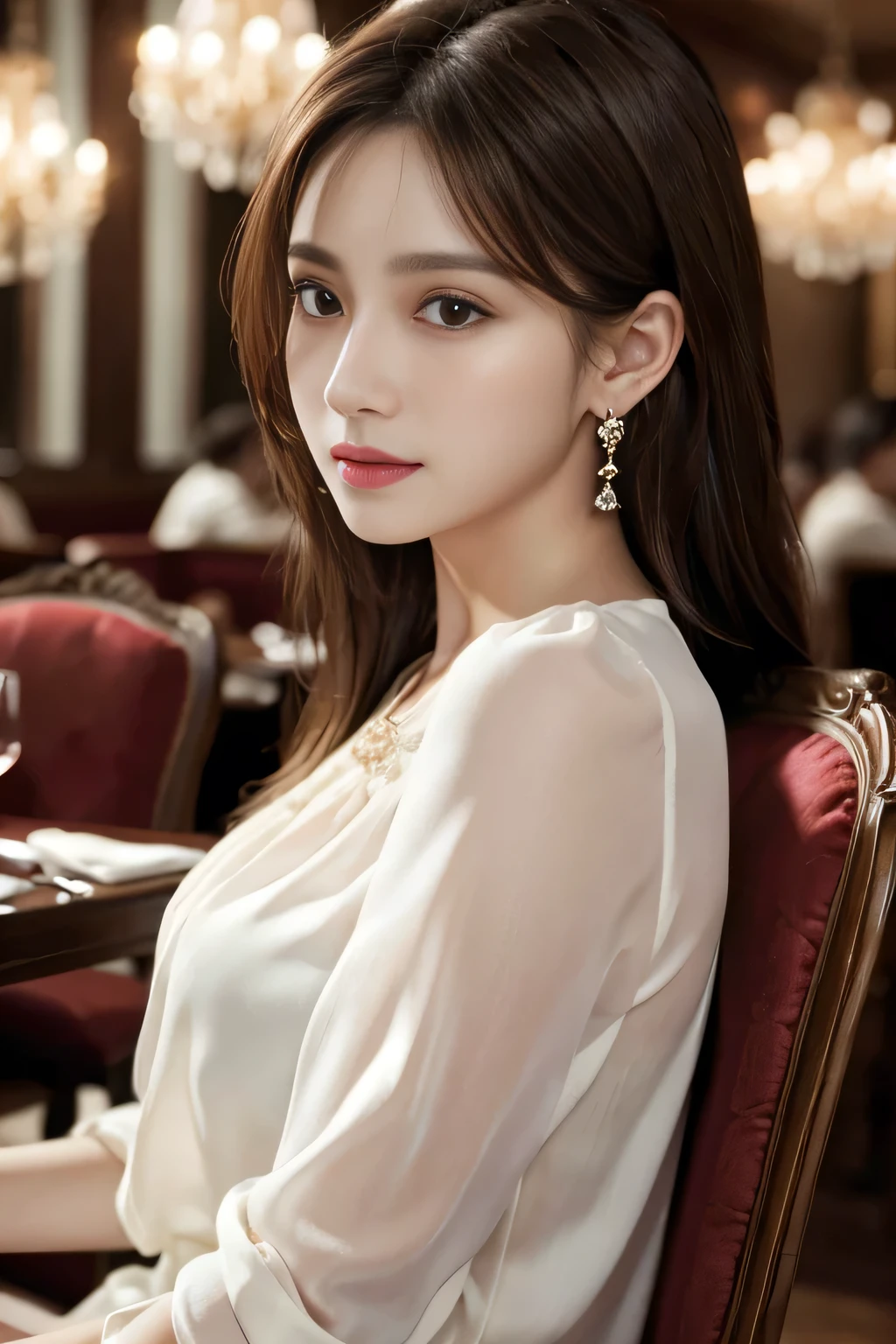 masterpiece, highest quality, Realistic, Very detailed, Finer details, High resolution, 8k wallpaper, One beautiful woman, Wear an elegant see-through blouse, In a great restaurant, At night, Light brown messy hair, Perfect dynamic composition, Beautiful and beautiful eyes、Big earrings、Sitting in a chair、