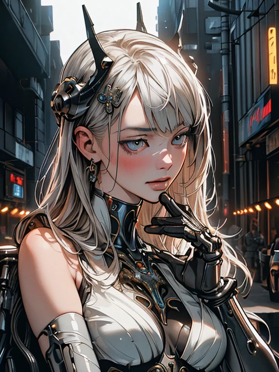 Top Quality, Masterpiece, Ultra High Resolution, ((Photorealistic: 1.4), Raw Photo, 1 cyberpunk Girl, Glossy Skin, 1 Mechanical Girl, (Ultra Realistic Details)), mechanical limbs, tubes connected to the mechanical parts, mechanical vertebrae attached to the spine, mechanical cervical attachment to the neck, wires and cables connecting to the head, Evangelion, Ghost in the Shell, small glowing LED lamps, global lighting, deep shadows, Octane Rendering, 8K, Ultra Sharp, Metal, Intricate Ornament Details, baroque details, Very intricate details, realistic light, CGSoation trend, facing the camera, neon details, (android manufactory in background), art by H.R. Giger and Alphonse Mucha.