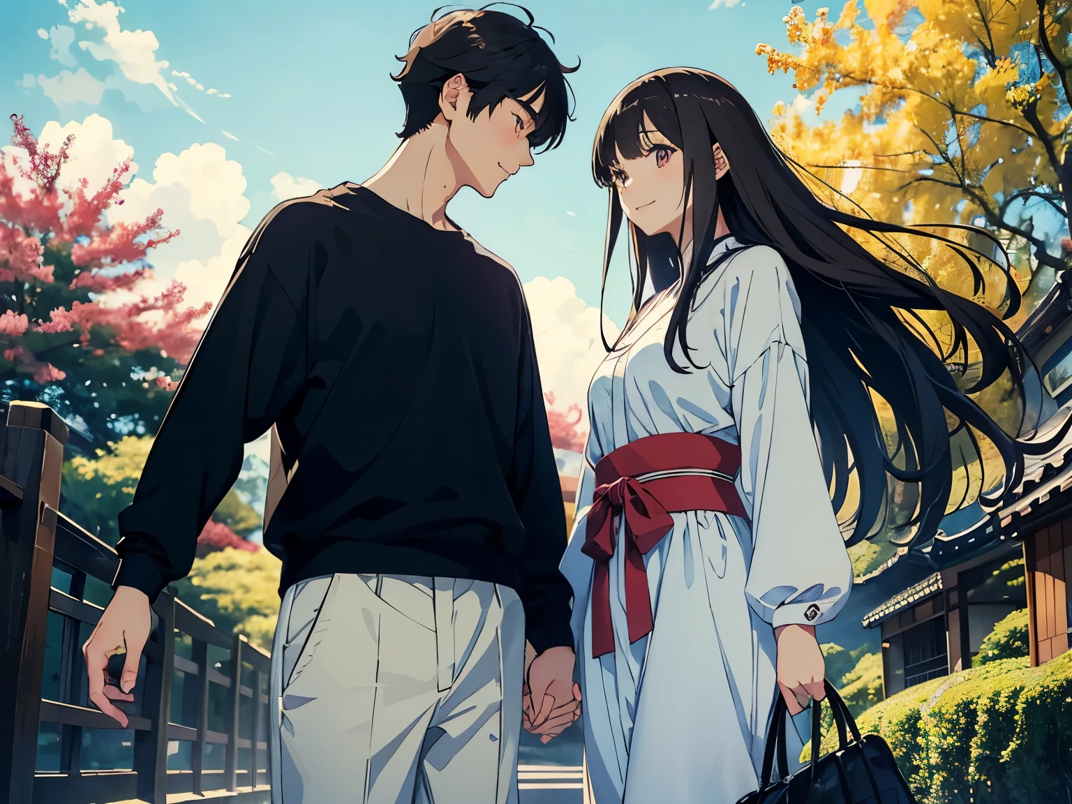 masterpiece, Japanese cartoons, Kawaii, Lovely, Romantic, best quality, Other 2, couple, Mature, aldult, Height difference, Different fashion, Different colors, Casual Wear, Long sleeve, Smile, Happy, like, whirlwind, Blue sky, Long hair man, Man with light brown hair, Black-haired woman, Black-haired woman