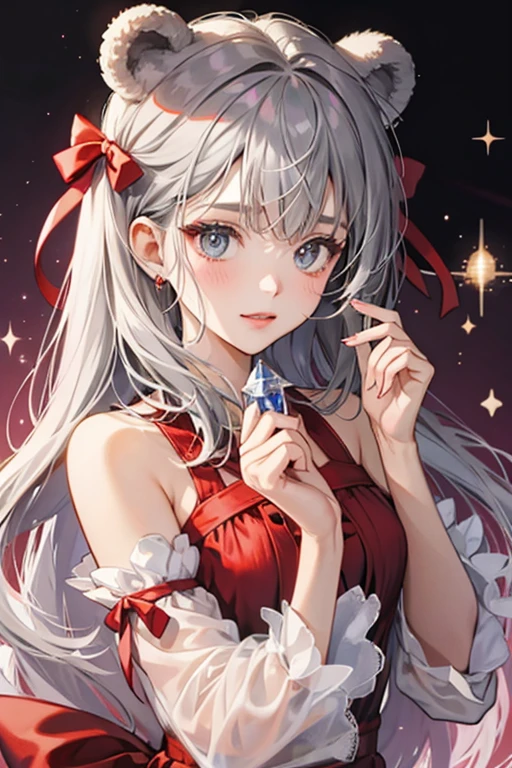 she is a grey bear girl with a red ribbon. SPARKLE; GLITTER