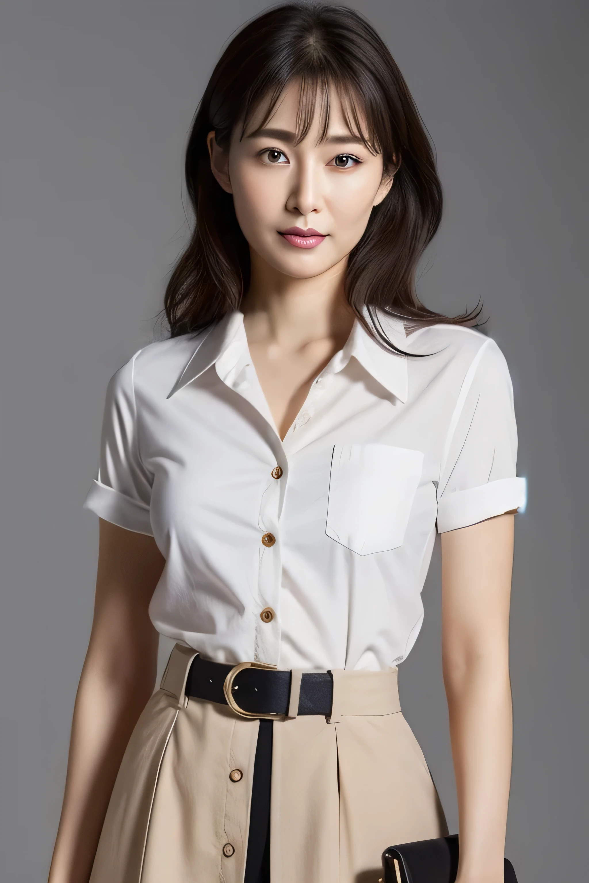 White button-up shirt, belt, Black Skirt,