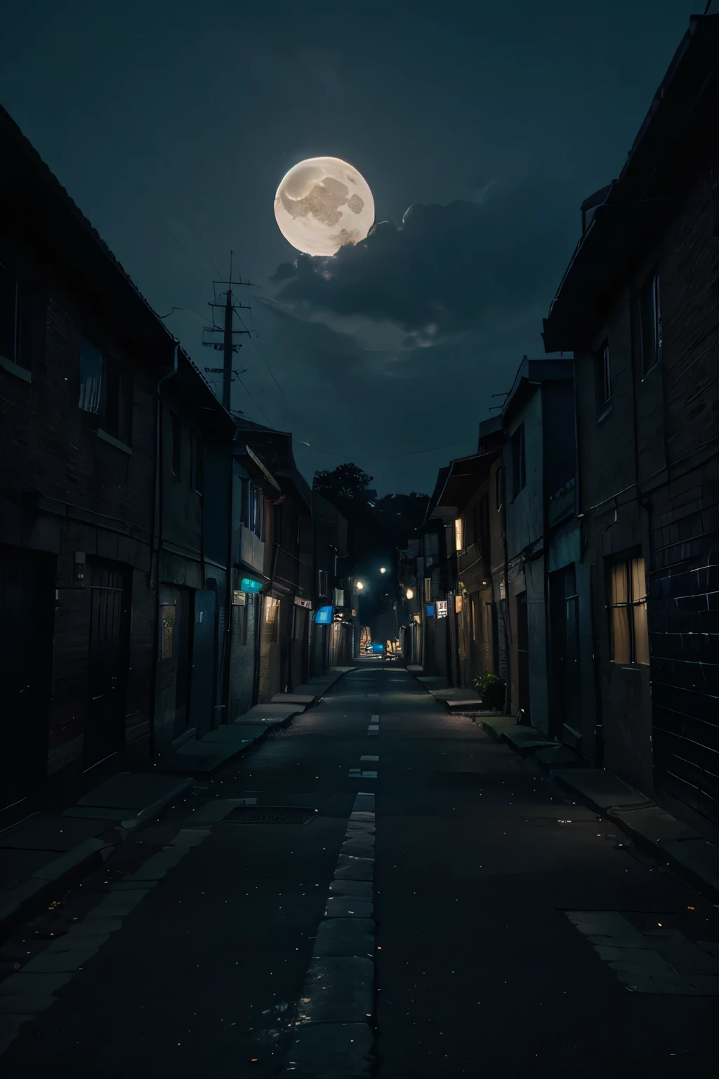 view from inside a dark alley of a large city, In the sky the moon is full.