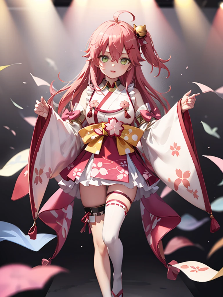 masterpiece, best quality, 1 girl, solo, miko1, sakura miko, 1girl, green eyes, solo, ahoge, x hair ornament, pink hair, single thighhigh, sideboob, hairclip, hair bell, floral print, long hair, hair between eyes, one side up, white thighhighs, asymmetrical legwear, wide sleeves, looking through legs, full body,