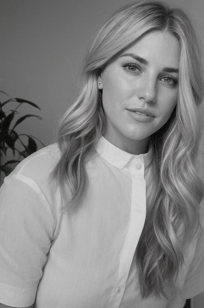 Selfie of a 25 year old girl, (Kaley Cuoco:0.8), (Camilla Belle:0.9), (eugenie bouchard), beautiful girl, black and white photography, hard contrast, hard shadows,smirk, cute makeup, shirt dress,