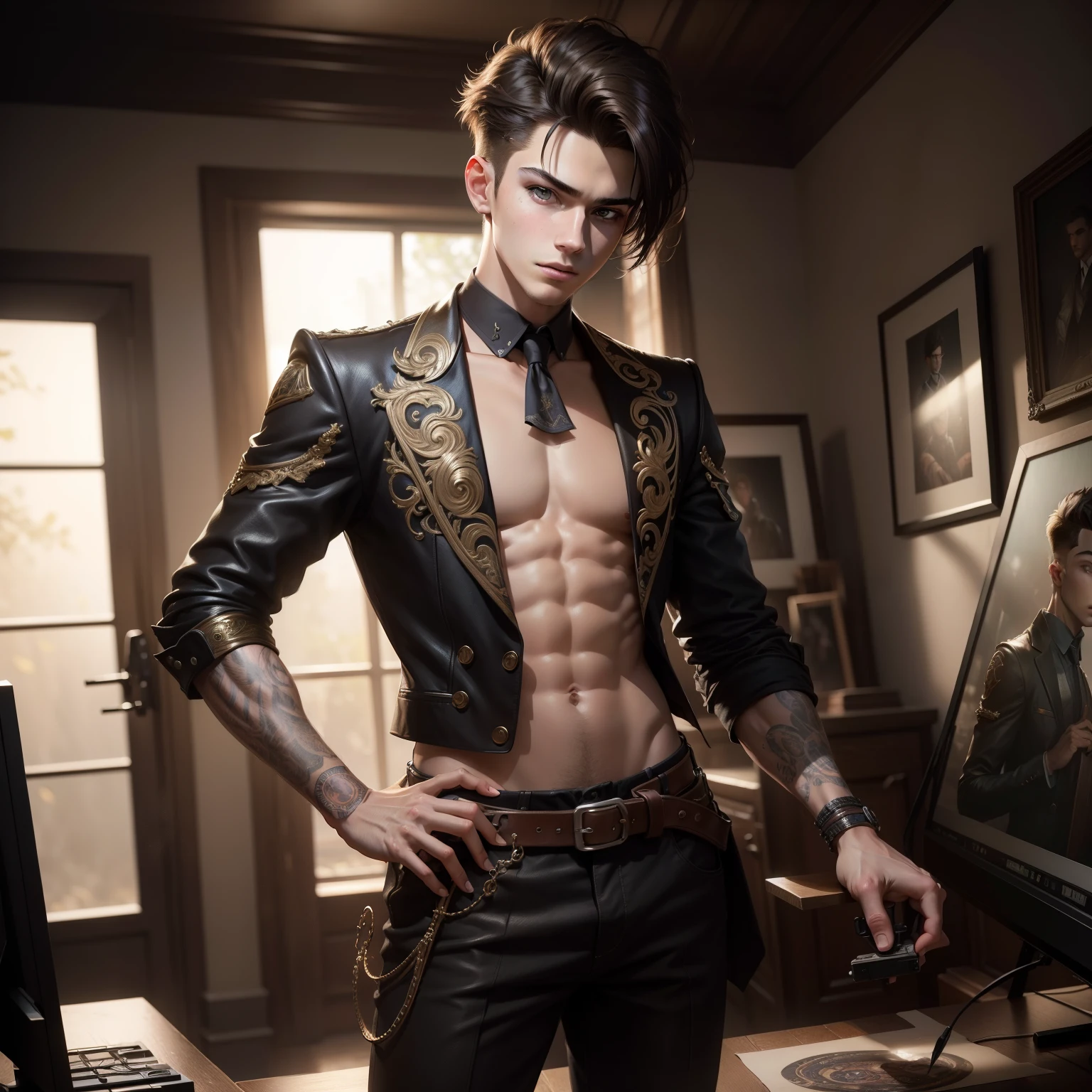 masterpiece, best quality, realistic, 18-years-old boy, twin with different hair style, cool, dramatic light, 8k, determined look, Intricate details, highly detailed, Sharp focus, a digital rendering, professional, 4K, art stations, Art germ, fantasy, full body