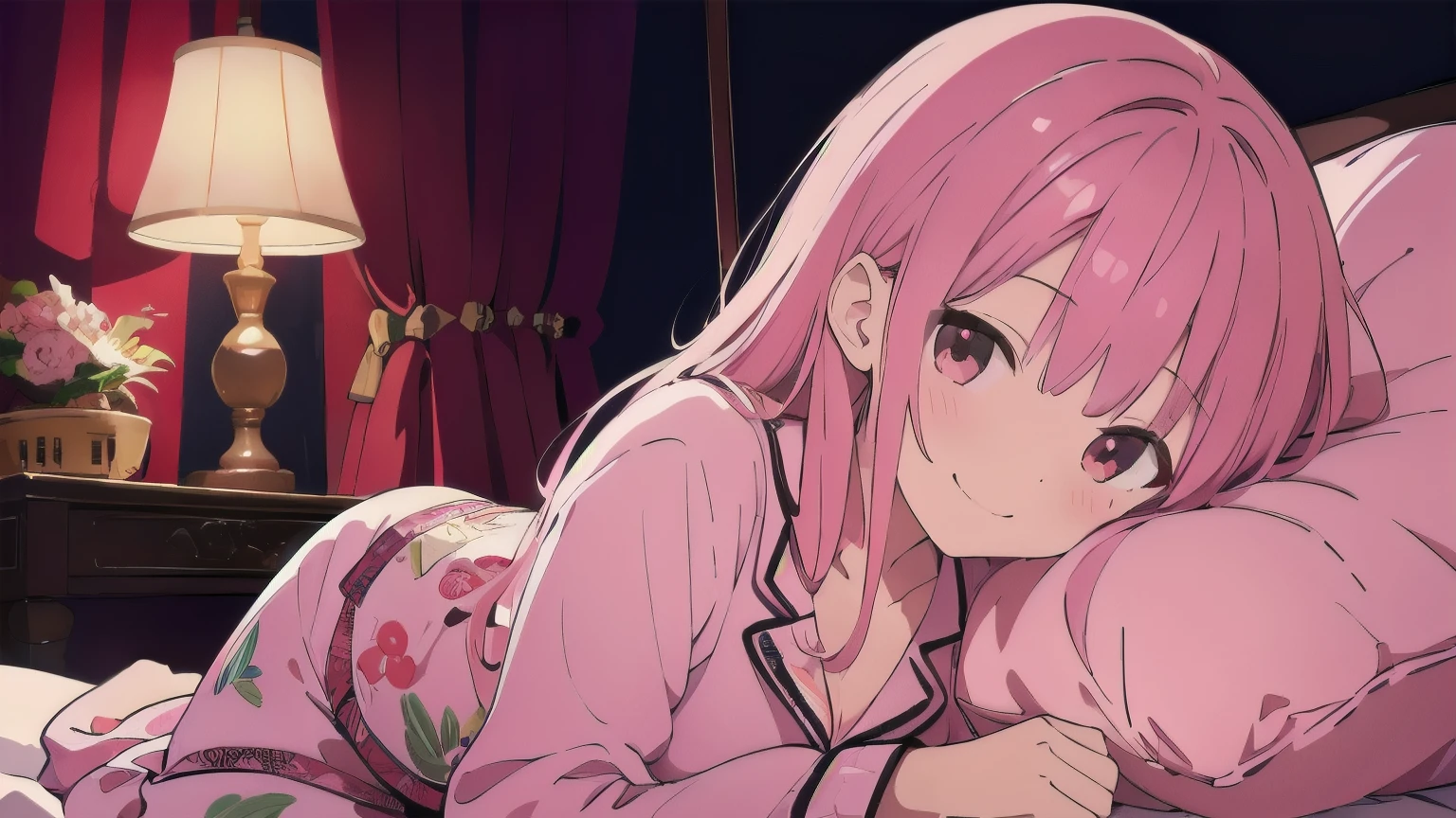 Very detailed, Detailed Background,　(highest quality, masterpiece, High resolution), One girl, smile,　 Mid-chest, Pink Hair,  Upper Body, pajamas,　long hair、　night、　Dimly lit room