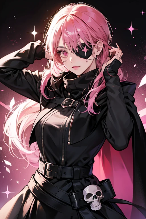 She wears a black cape with a pink skull clasp, a black hood that covers her ears, and an eye patch.  SPARKLE; GLITTER