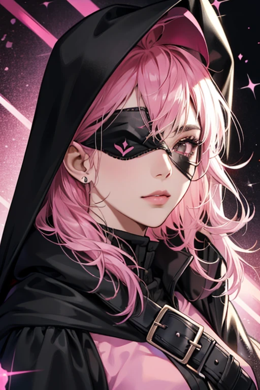 She wears a black cape with a pink skull clasp, a black hood that covers her ears, and an eye patch. SPARKLE; GLITTER
