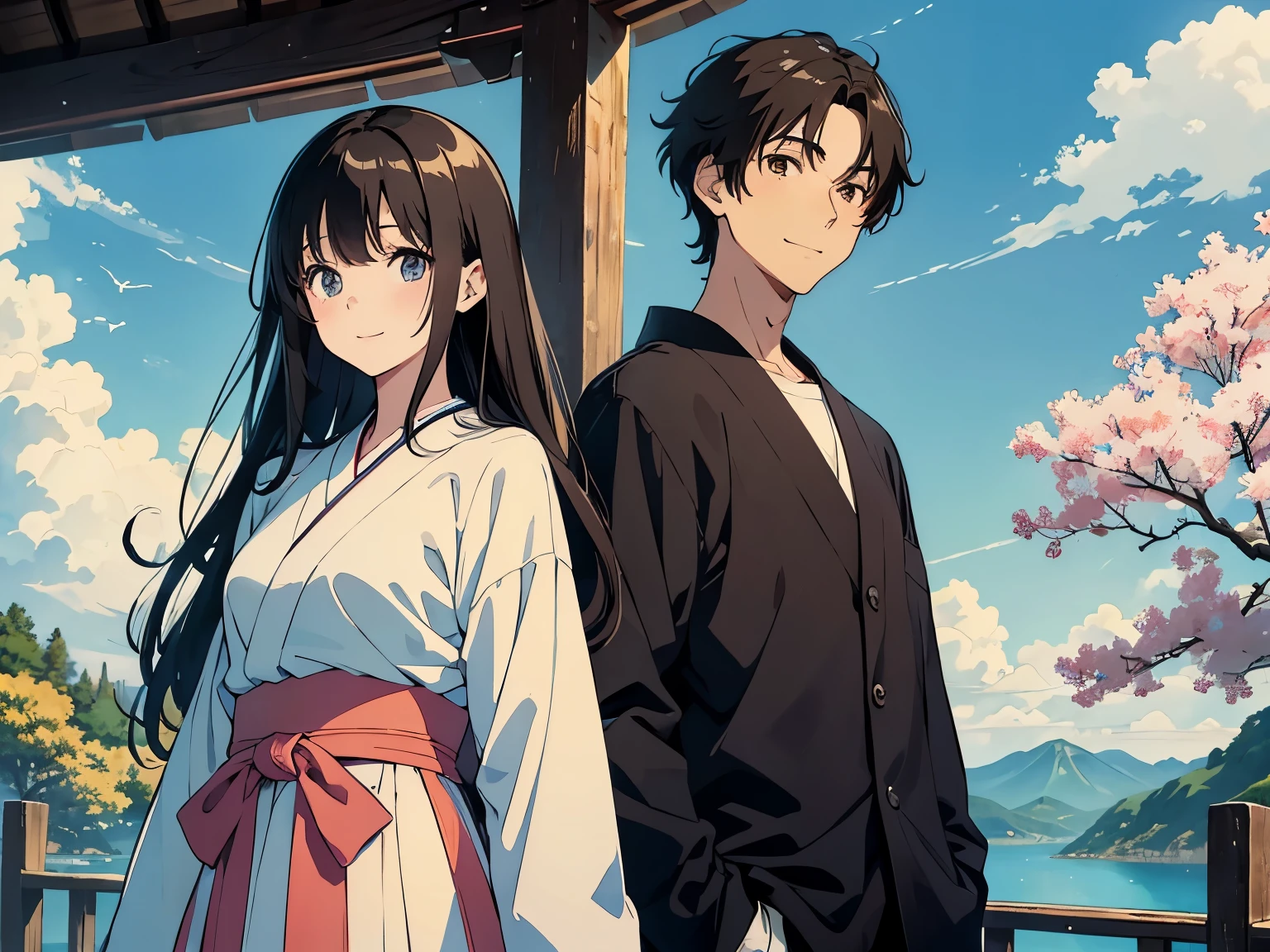masterpiece, Japanese cartoons, Kawaii, Lovely, Romantic, best quality, Other 2, couple, Mature, aldult, Height difference, Different fashion, Different colors, Casual Wear, Long sleeve, Smile, Happy, like, whirlwind, Blue sky, Long hair man, Man with light brown hair, Black-haired woman, Black-haired woman