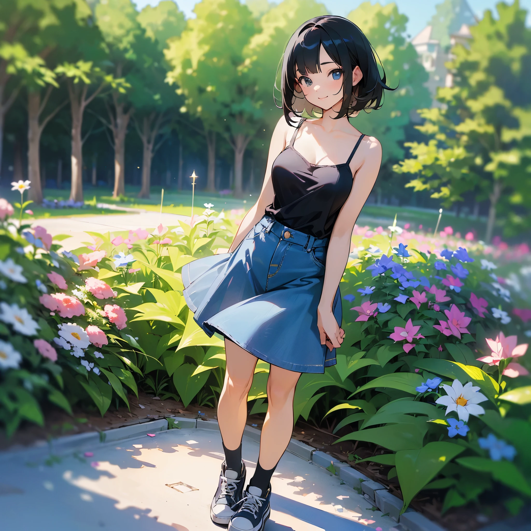 (high quality, High resolution, Very detailed, reality:1.37), Peaceful atmosphere, (Outdoor, garden), Teenage girl standing alone, (my breasts are big.), Beautiful details, Cute Smile, (Black bob hair), camisole, Denim skirt, Blue socks, sneakers.