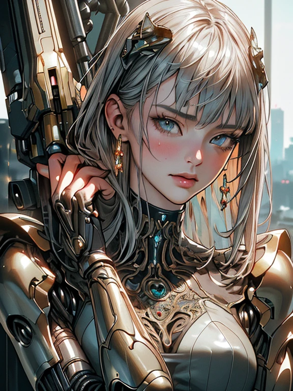 Top Quality, Masterpiece, Ultra High Resolution, ((Photorealistic: 1.4), Raw Photo, 1 cyberpunk Girl, Glossy Skin, 1 Mechanical Girl, (Ultra Realistic Details)), mechanical limbs, tubes connected to the mechanical parts, mechanical vertebrae attached to the spine, mechanical cervical attachment to the neck, wires and cables connecting to the head, Evangelion, Ghost in the Shell, small glowing LED lamps, global lighting, deep shadows, Octane Rendering, 8K, Ultra Sharp, Metal, Intricate Ornament Details, baroque details, Very intricate details, realistic light, CGSoation trend, facing the camera, neon details, (android manufactory in background), art by H.R. Giger and Alphonse Mucha.