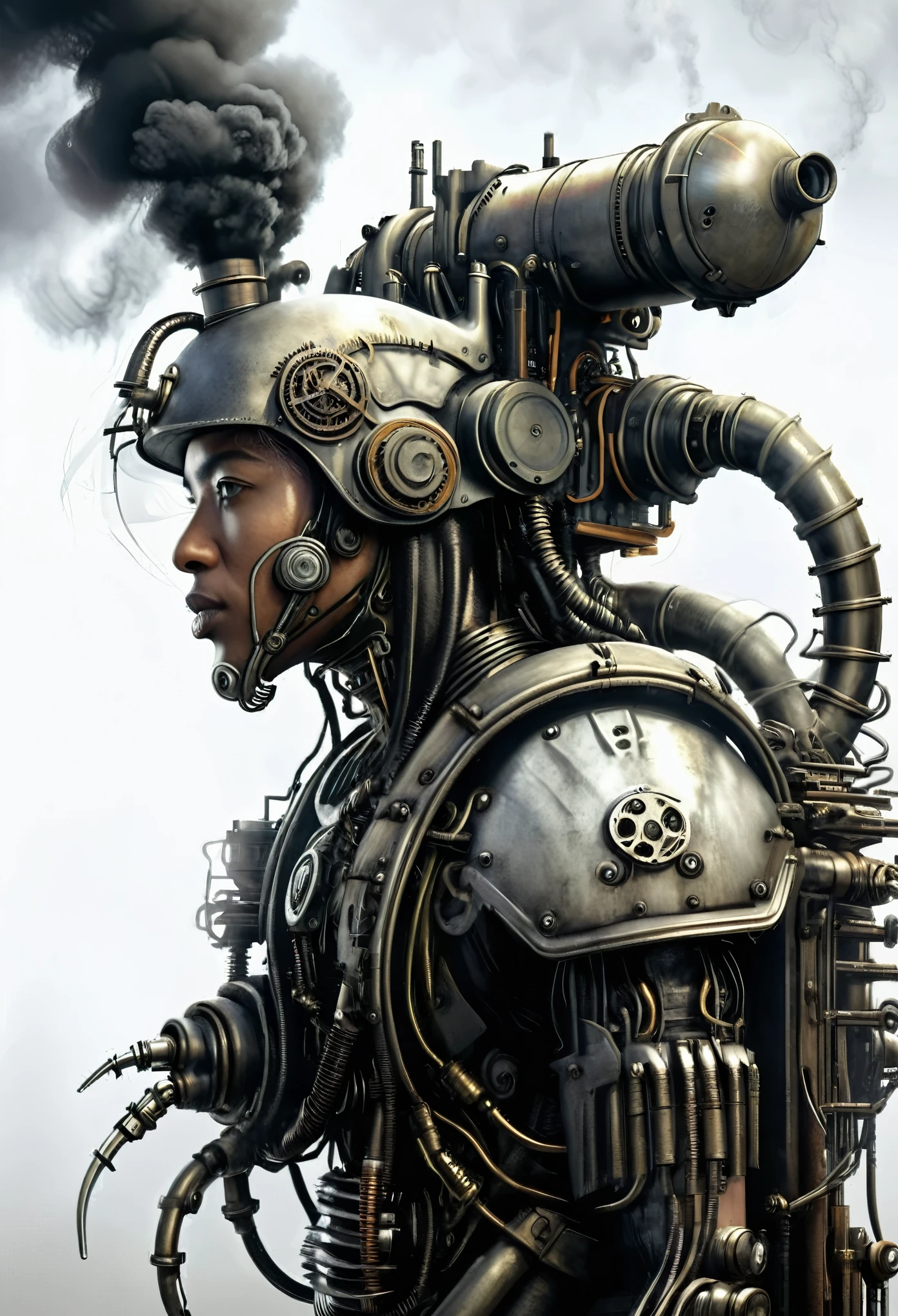 ohwx, a steam punk cyborg, side view, white background, unreal engine, inspired by HR Giger, half body portrait, highly detailed, photo realistic, cinematic, movie still, captured in the style of Sony Alpha A7 III camera