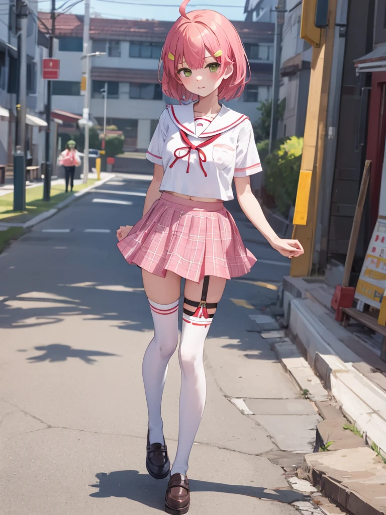 masterpiece, best quality, 1 girl, solo, MikoSchool, ahoge, short hair, hairclip, , white shirt, sailor collar, pink skirt, plaid, thighhighs, short sleeves,  looking through legs, full body,