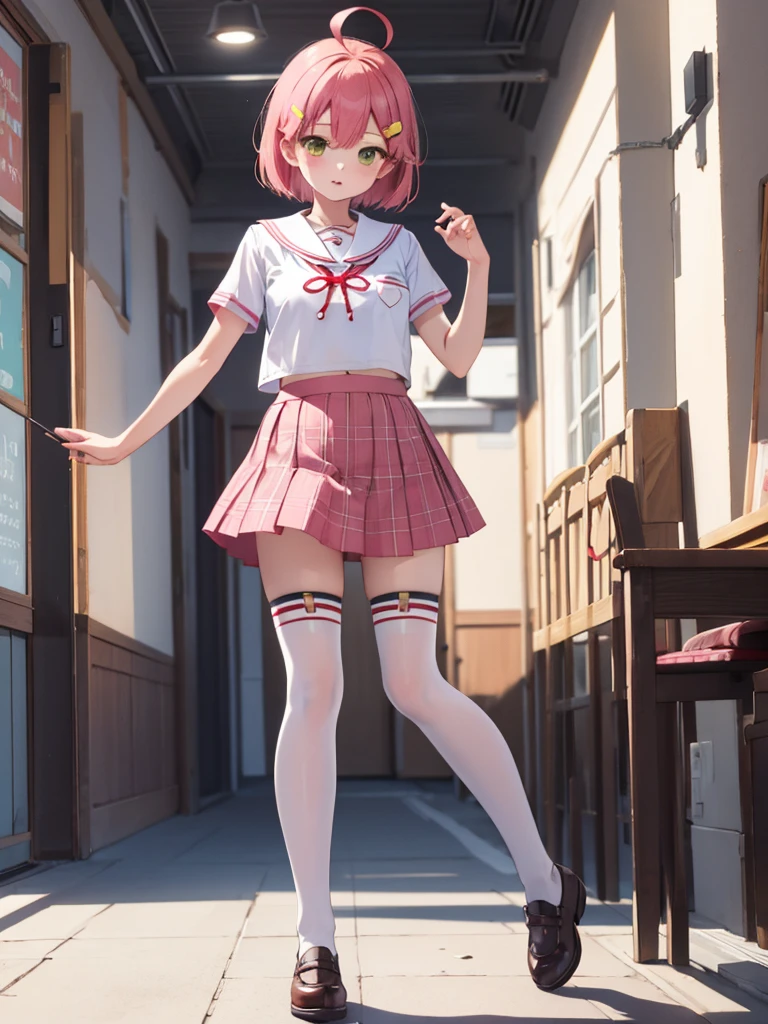 masterpiece, best quality, 1 girl, solo, MikoSchool, ahoge, short hair, hairclip, , white shirt, sailor collar, pink skirt, plaid, thighhighs, short sleeves,  looking through legs, full body,