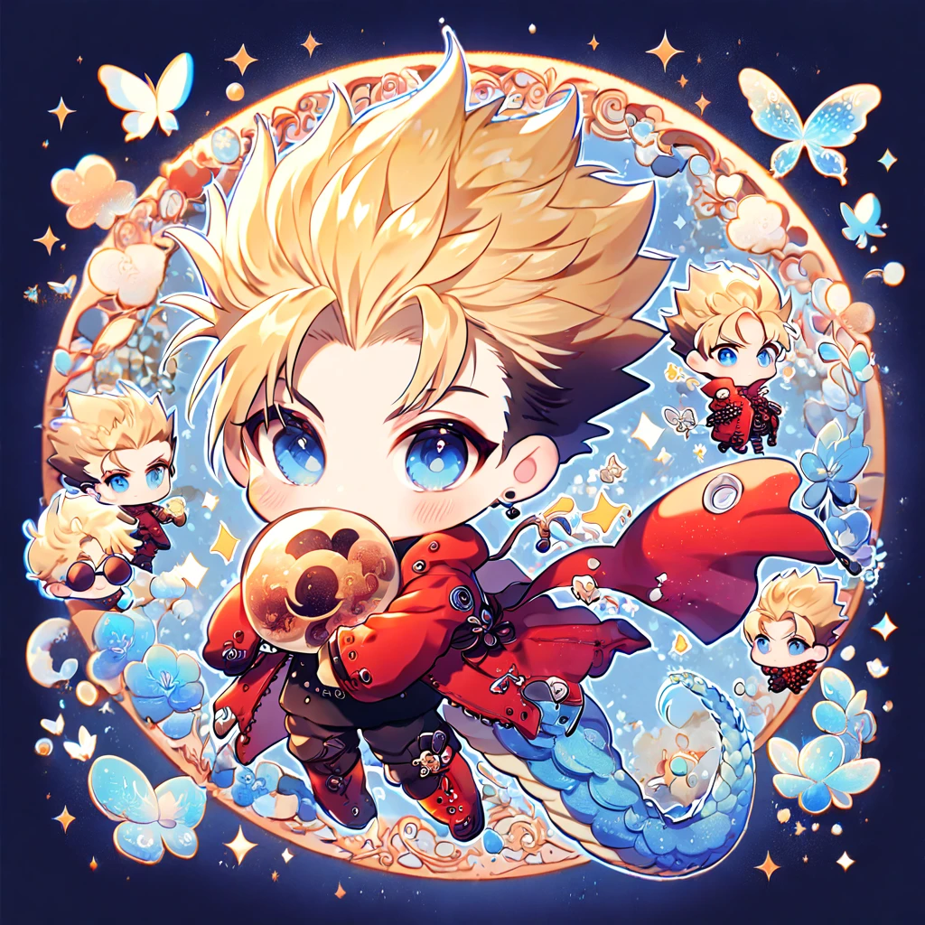 absurdres, highres, ultra detailed, HDR, master piece, best quality, Vash Stampede chibi, blonde spiked hair, expressive blue eyes, Trigun, round amber sunglasses, cute, hugging a blue dragon, red jacket, black shirt, patterns, magical, fantasy, blue background, blue lotus, shining, blue petals, blue glittering butterflies