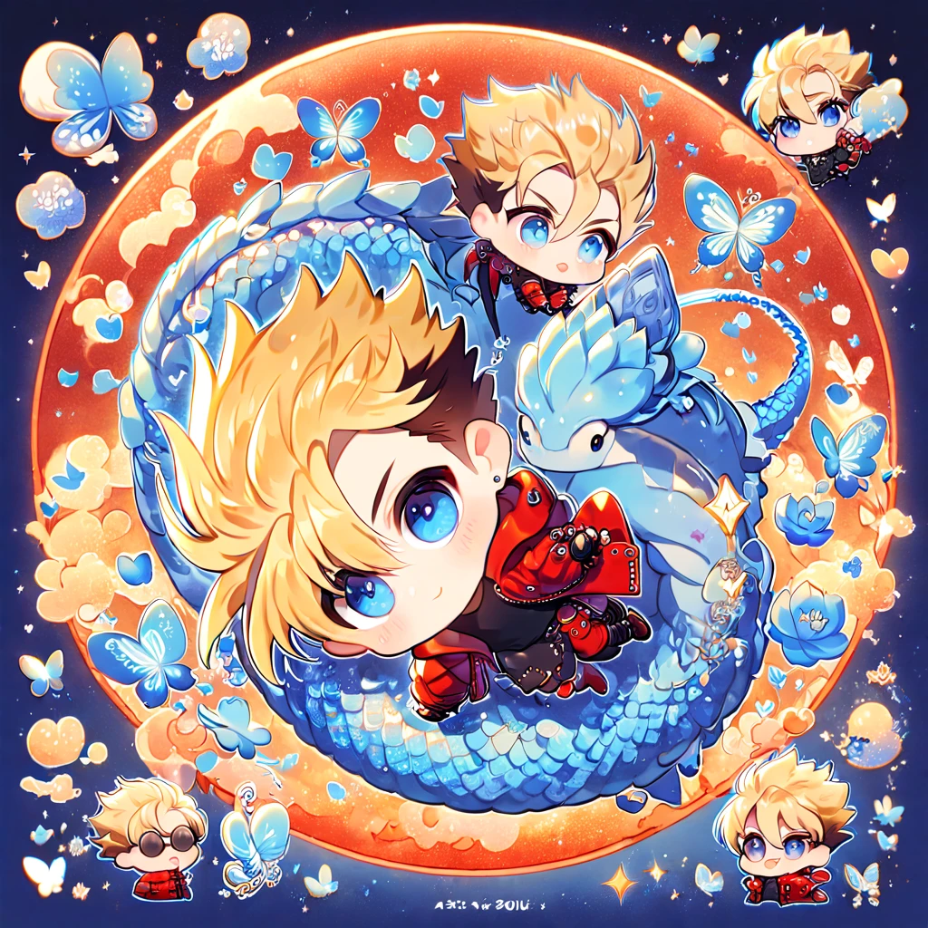 absurdres, highres, ultra detailed, HDR, master piece, best quality, Vash Stampede chibi, blonde spiked hair, expressive blue eyes, Trigun, round amber sunglasses, cute, hugging a blue dragon, red jacket, black shirt, patterns, magical, fantasy, blue background, blue lotus, shining, blue petals, blue glittering butterflies