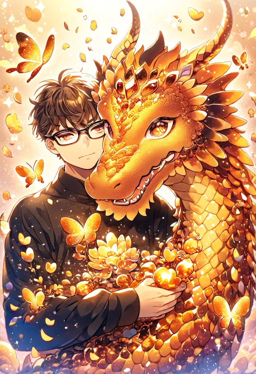 Ultra detailed, HDR, Highres, absurdres, master piece, Miyuki Kazuya, brown hair, expressive amber eyes, glasses, Diamond No Ace, amber glittering butterflies, petals, amber lotus, cute, magical, man, extremely detailed face and eyes, glittering, fantasy, black clothes, hugging a amber dragon, love, amber background