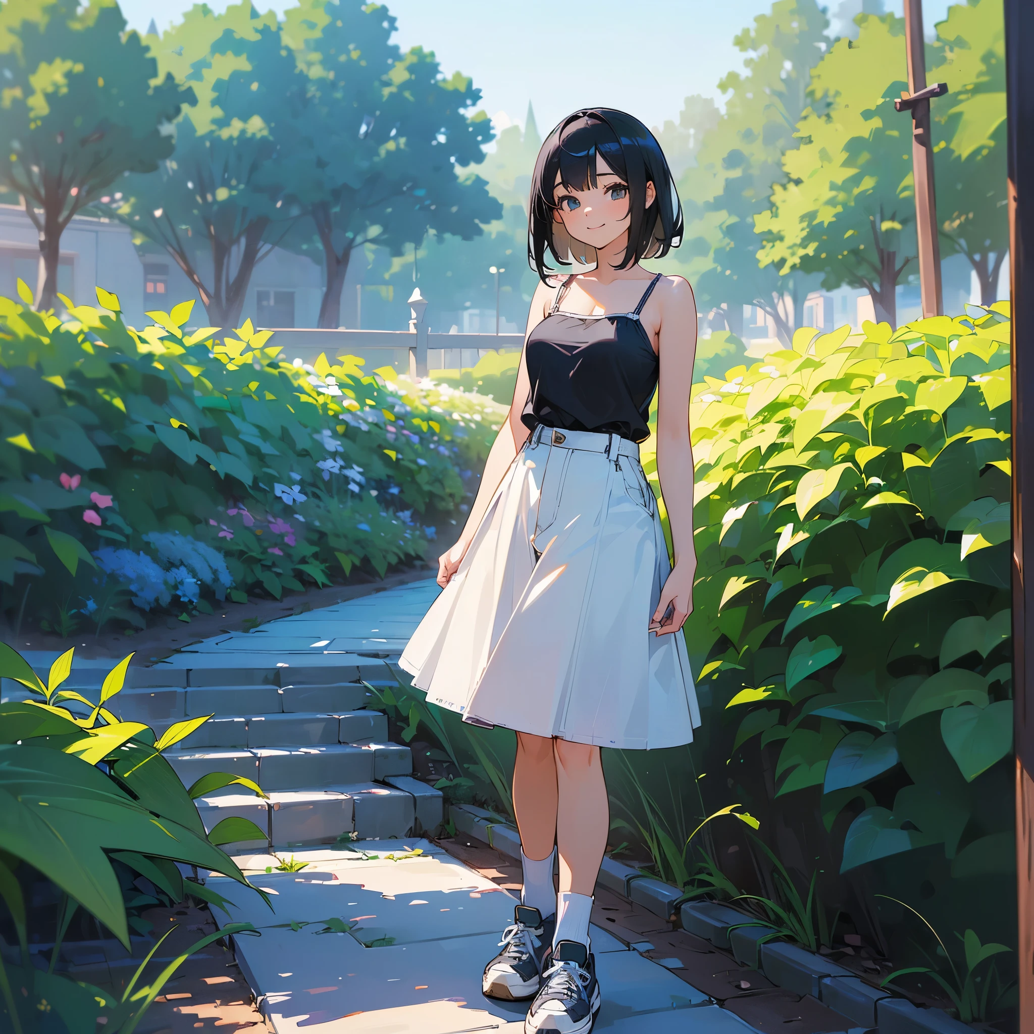 (high quality, High resolution, Very detailed, reality:1.37), Peaceful atmosphere, (Outdoor, garden),  girl standing alone, (my breasts are big.), Beautiful details, Cute Smile, (Black bob hair), camisole, Denim skirt, Blue socks, sneakers.