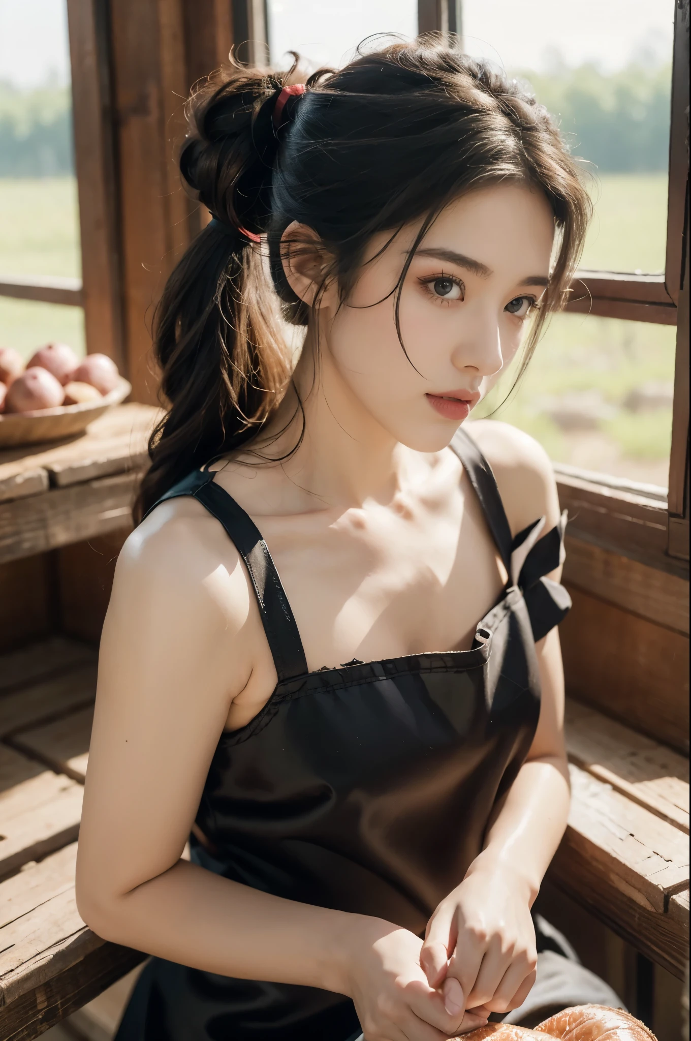 group photo of a girl and a huge pig,standing in the middle of a pig farm,short ponytail,bare shoulders,flat chests,torn apron,realistic scenery,photography carnival,wildlife photography,aurora punk,animal and human styles,close-up of face,indoor,