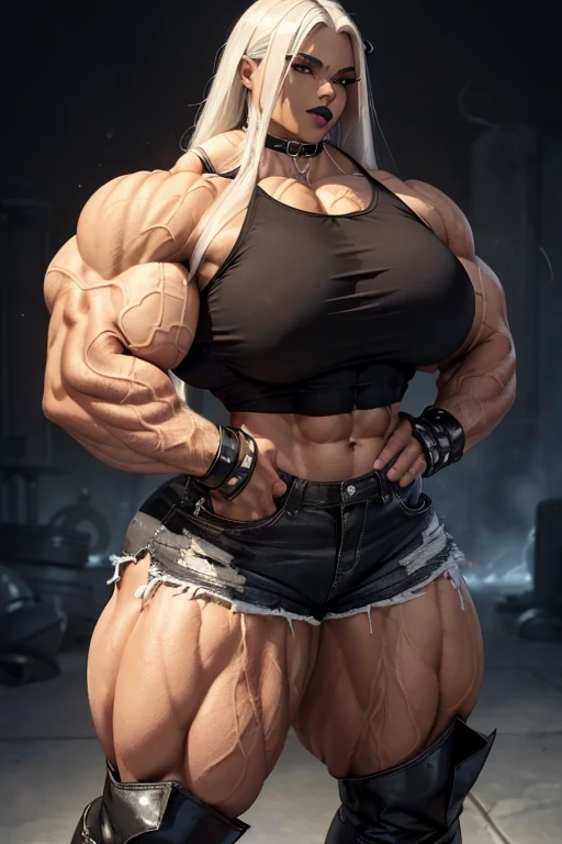 ((((Massive, beautiful, buff, light brown skinned, muscular woman with white hair, black lipstick, ginormous bulky muscles and wearing a beautiful black collared top with casual shorts)))), (close view), leather pants, massive muscles, massive biceps, hyper muscle triceps, (long straight hair), casual shorts, chain belt, blue eyes, chained gauntlets, high heels boots, (in the middle of a tornado), night, smug smile, hyper muscles arms, hyper muscle legs, massive arms.