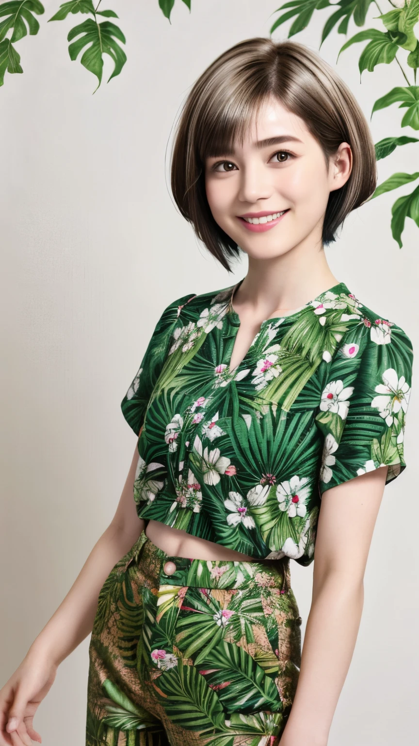 231 (18-year-old female,Floral clothes), ((short hair:1.46)), (Pants Style), (A kind smile), (Jungle pattern)