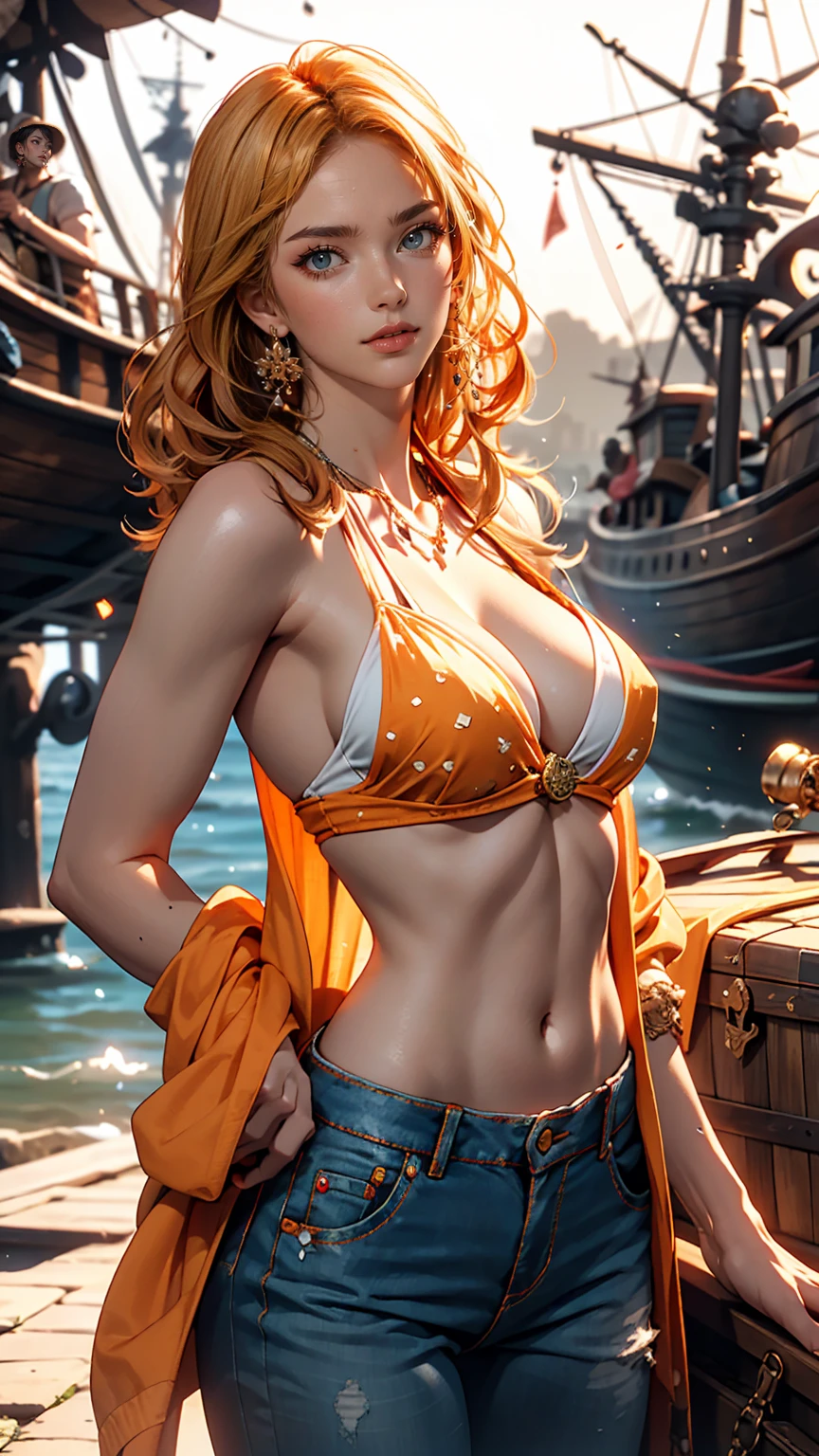 Very beautiful Nami (one piece), Subtle makeup, Moneyen hour, Realistic, High Contrast, 8K HD, detailed, hyper-detailed, Realistic skin texture, orange long hair, Bikini top only, Blue pants, Large Breasts, highest quality, Ultra-high resolution, RAW Photos, Dramatic lighting, Unreal Engine, Diffuse Light, Outdoor, realistic detailed onep piece pirate ship, Treasure Chest, Money, Money coins, Money bars.