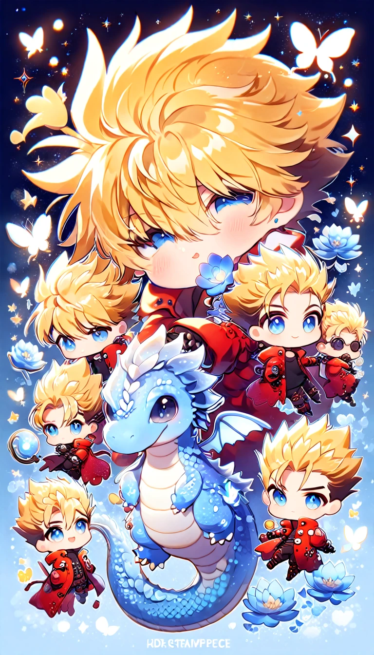 absurdres, highres, ultra detailed, HDR, master piece, best quality, Vash Stampede chibi, blonde spiked hair, expressive blue eyes, Trigun, round amber sunglasses, cute, hugging a blue dragon, red jacket, black shirt, patterns, magical, fantasy, blue background, blue lotus, shining, blue petals, blue glittering butterflies