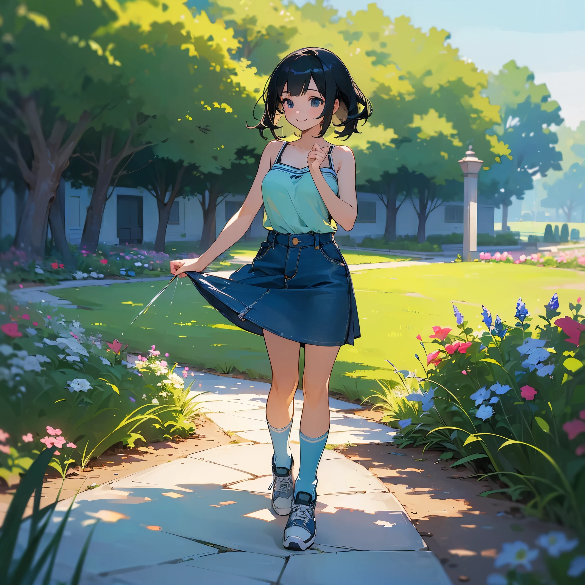 (high quality, High resolution, Very detailed, reality:1.37), Peaceful atmosphere, (Outdoor, garden), age girl standing alone, (my breasts are big.), Beautiful details, Cute Smile, (Black bob hair), camisole, Denim skirt, Blue socks, sneakers.