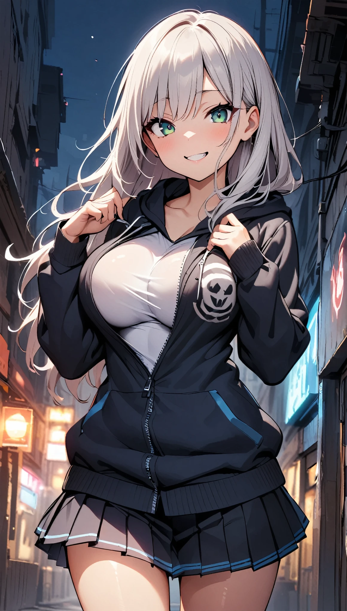 One Girl, alone, Big eyes, Wicked Smile,hoodie, Pleated skirt, JK,Attractive breasts、Waistline