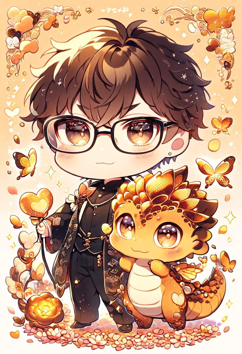 Ultra detailed, HDR, Highres, absurdres, master piece, Miyuki Kazuya chibi, brown hair, expressive amber eyes, glasses, Diamond No Ace, amber glittering butterflies, petals, amber lotus, cute, magical, man, extremely detailed face and eyes, glittering, fantasy, black clothes, hugging a amber dragon, love, amber background