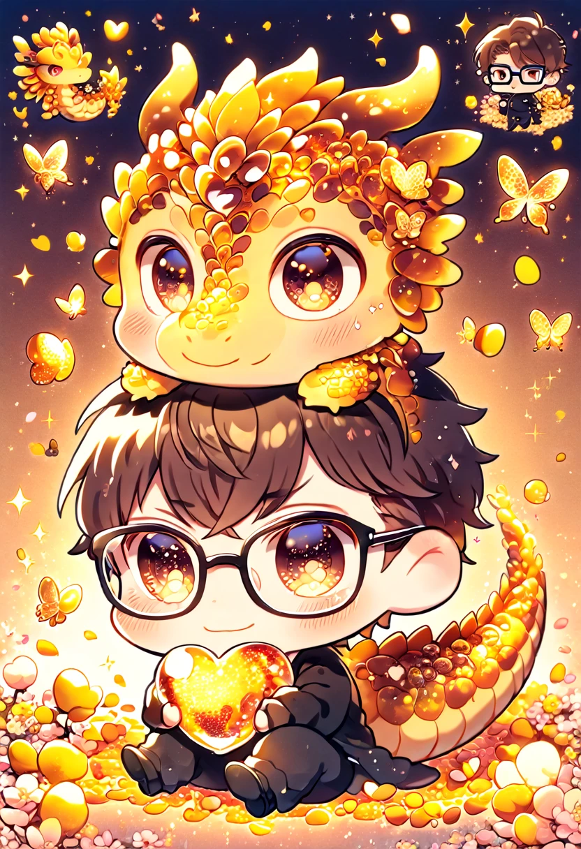 Ultra detailed, HDR, Highres, absurdres, master piece, Miyuki Kazuya chibi, brown hair, expressive amber eyes, glasses, Diamond No Ace, amber glittering butterflies, petals, amber lotus, cute, magical, man, extremely detailed face and eyes, glittering, fantasy, black clothes, hugging a amber dragon, love, amber background