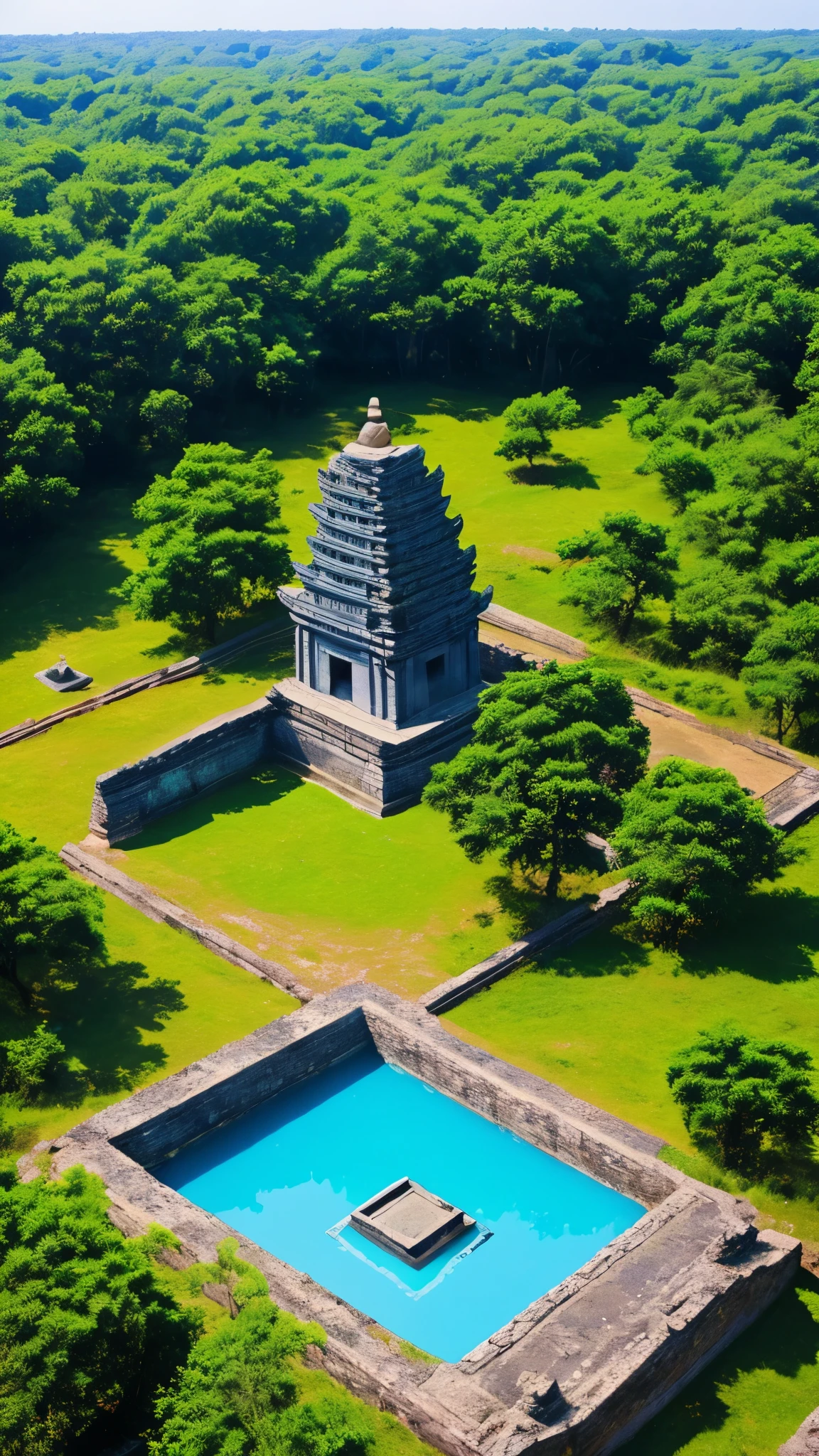 Under the clear blue sky、The stone Buddha burial mound is beautifully depicted in high definition.々I am standing there。The view from above、It offers a panoramic perspective of the historic monuments, surrounded by lush greenery and medieval architecture.。 In a realistic scene、With intricate carvings and weathered stone walls、The tomb appears untouched by time.、It is a reminder of the past civilizations that once flourished in this region.。The cerulean sky above、In contrast to the plain colours of the tomb、It captivates everyone who sees it。 There&#39;s no one in sight、