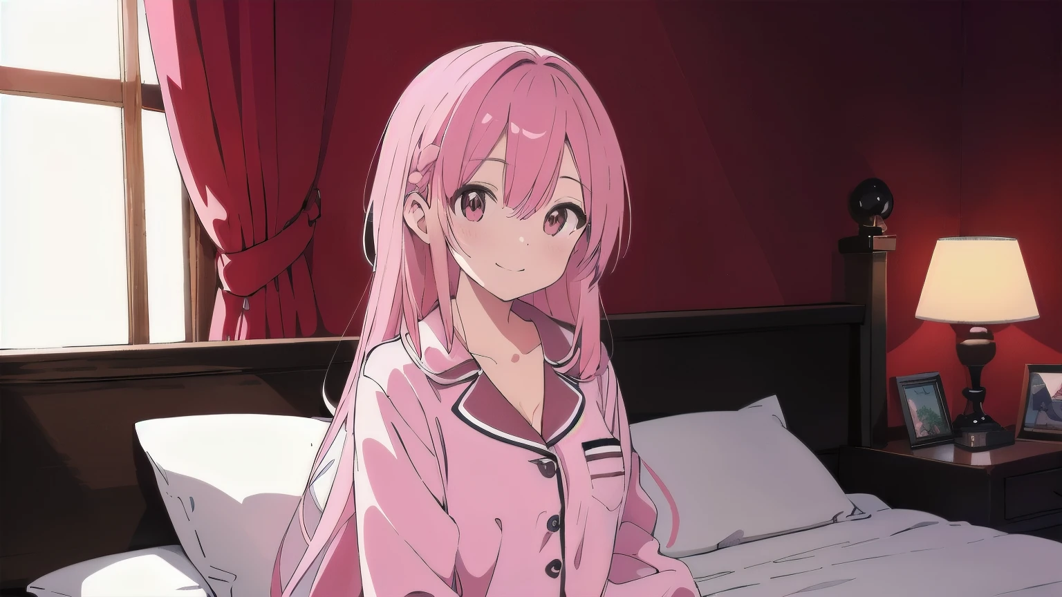 Very detailed, Detailed Background,　(highest quality, masterpiece, High resolution), One girl, smile,　 Mid-chest, Pink Hair,  Upper Body, pajamas,　long hair、　night、　Dimly lit room