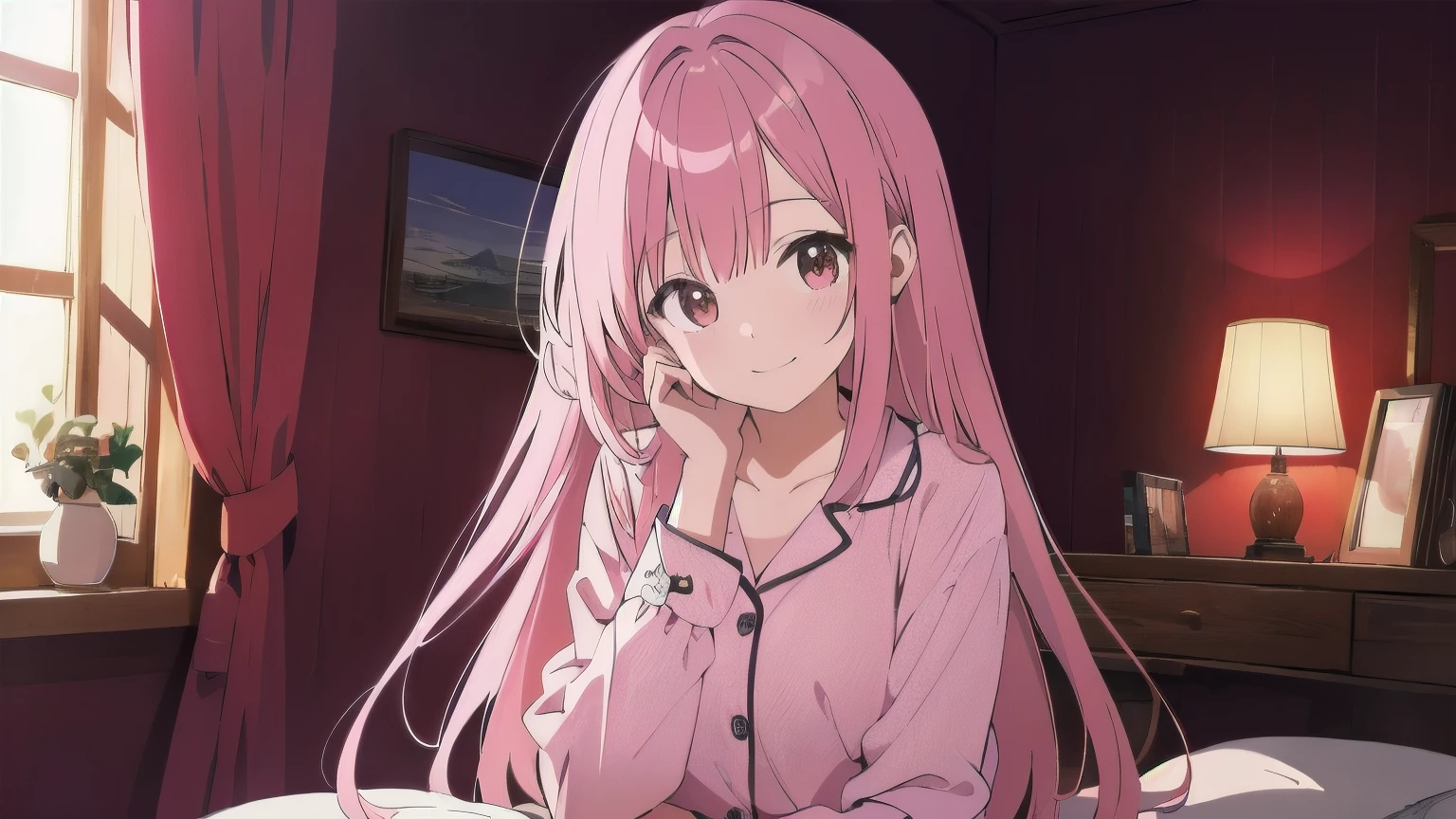 Very detailed, Detailed Background, (highest quality, masterpiece, High resolution), One girl, smile, Mid-chest, Pink Hair, Upper Body, pajamas, long hair、 night、 Dimly lit room