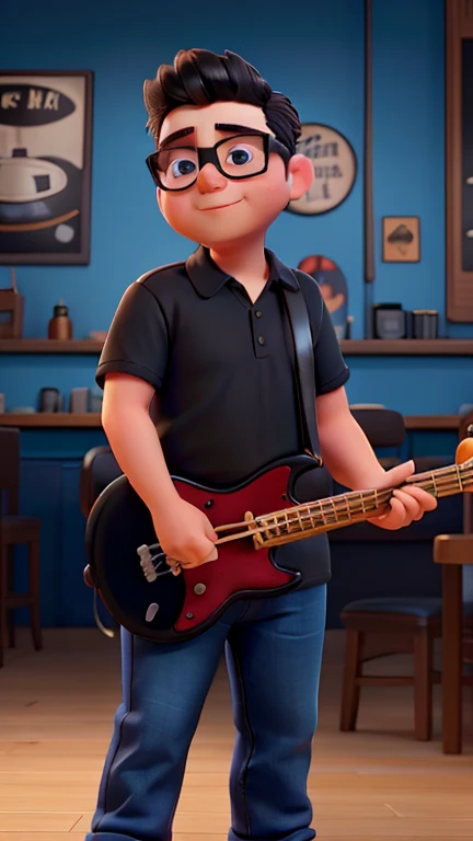 A chubby man with short black hair wearing glasses, black polo shirt and blue denim jeans playing bass guitar at a cafe