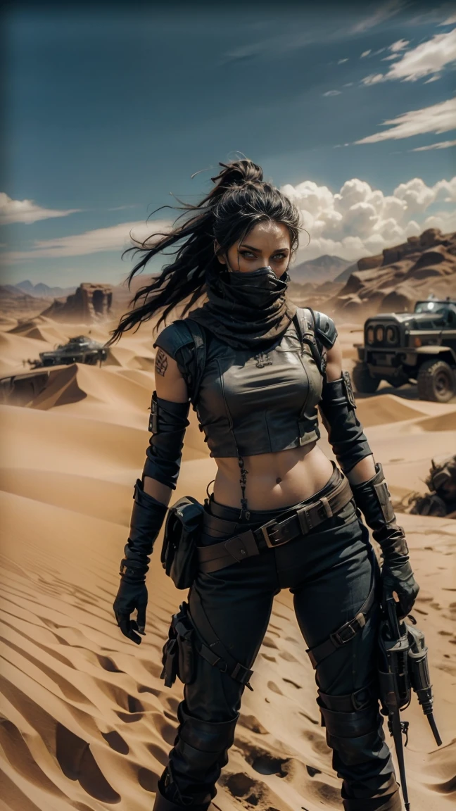 A hyperrealistic image at a high angle of: ((Una sexy mujer de piel palida, con rastas y ojos verdes, wears sexy, post-apocalyptic clothes in the style of Mad Max, desgarrada y con gran escote, armadura de chatarra de metal negro, wear dreadlocks with black and metallic thorn beads)), (Cabello largo color rojo despeinado, sucio), con maquillaje gotico, sombra de ojos amplio negro corrido, parada en el desierto sobre las dunas, orgullosa, soberbia, poderosa, athletic and scarred body, pelo color rojo despeinado con rastas y cuentas de metal negro y espinas. she is standing next to her battle car like Furiosa from the Mad Max saga, auto robusto oxidado y sucio lleno de picos y armas, desolate desert landscape. She is standing walking through the dunes of the post-apocalyptic desert, raytraced, viento, paisaje desolador y desertico, (aesthetics and atmosphere:1.2), poder, enojada, vengativa, ojos brillantes rojos como llamas，plano amplio, cuerpo completo. (foto cruda, mejor calidad), (realista, photo-realista:1.3), Obra maestra, un extremadamente perfecto y hermoso cuerpo tatuado totalmente, cuerpo palido extremadamente detallado, Best quality score, ultra dynamic pose, close up, high view, desertic and dark atmosphere, pose de odio, fist clenched in anger,  dunas decerticas, fist clenched in anger, alambre de puas.