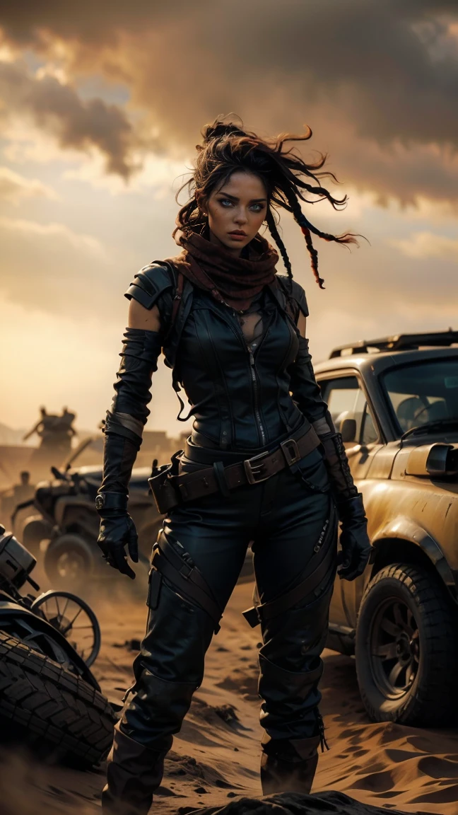 A hyperrealistic image at a high angle of: ((Una sexy mujer de piel palida, con rastas y ojos verdes, wears sexy, post-apocalyptic clothes in the style of Mad Max, desgarrada y con gran escote, armadura de chatarra de metal negro, wear dreadlocks with black and metallic thorn beads)), (Cabello largo color rojo despeinado, sucio), con maquillaje gotico, sombra de ojos amplio negro corrido, parada en el desierto sobre las dunas, orgullosa, soberbia, poderosa, athletic and scarred body, pelo color rojo despeinado con rastas y cuentas de metal negro y espinas. she is standing next to her battle car like Furiosa from the Mad Max saga, auto robusto oxidado y sucio lleno de picos y armas, desolate desert landscape. She is standing walking through the dunes of the post-apocalyptic desert, raytraced, viento, paisaje desolador y desertico, (aesthetics and atmosphere:1.2), poder, enojada, vengativa, ojos brillantes rojos como llamas，plano amplio, cuerpo completo. (foto cruda, mejor calidad), (realista, photo-realista:1.3), Obra maestra, un extremadamente perfecto y hermoso cuerpo tatuado totalmente, cuerpo palido extremadamente detallado, Best quality score, ultra dynamic pose, close up, high view, desertic and dark atmosphere, pose de odio, fist clenched in anger,  dunas decerticas, fist clenched in anger, alambre de puas.