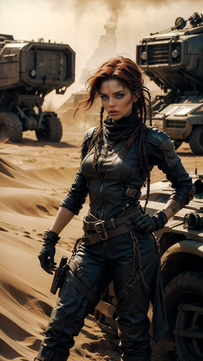 A hyperrealistic image at a high angle of: ((Una sexy mujer de piel palida, con rastas y ojos verdes, wears sexy, post-apocalyptic clothes in the style of Mad Max, desgarrada y con gran escote, armadura de chatarra de metal negro, wear dreadlocks with black and metallic thorn beads)), (Cabello largo color rojo despeinado, sucio), con maquillaje gotico, sombra de ojos amplio negro corrido, parada en el desierto sobre las dunas, orgullosa, soberbia, poderosa, athletic and scarred body, pelo color rojo despeinado con rastas y cuentas de metal negro y espinas. she is standing next to her battle car like Furiosa from the Mad Max saga, auto robusto oxidado y sucio lleno de picos y armas, desolate desert landscape. She is standing walking through the dunes of the post-apocalyptic desert, raytraced, viento, paisaje desolador y desertico, (aesthetics and atmosphere:1.2), poder, enojada, vengativa, ojos brillantes rojos como llamas，plano amplio, cuerpo completo. (foto cruda, mejor calidad), (realista, photo-realista:1.3), Obra maestra, un extremadamente perfecto y hermoso cuerpo tatuado totalmente, cuerpo palido extremadamente detallado, Best quality score, ultra dynamic pose, close up, high view, desertic and dark atmosphere, pose de odio, fist clenched in anger,  dunas decerticas, fist clenched in anger, alambre de puas.